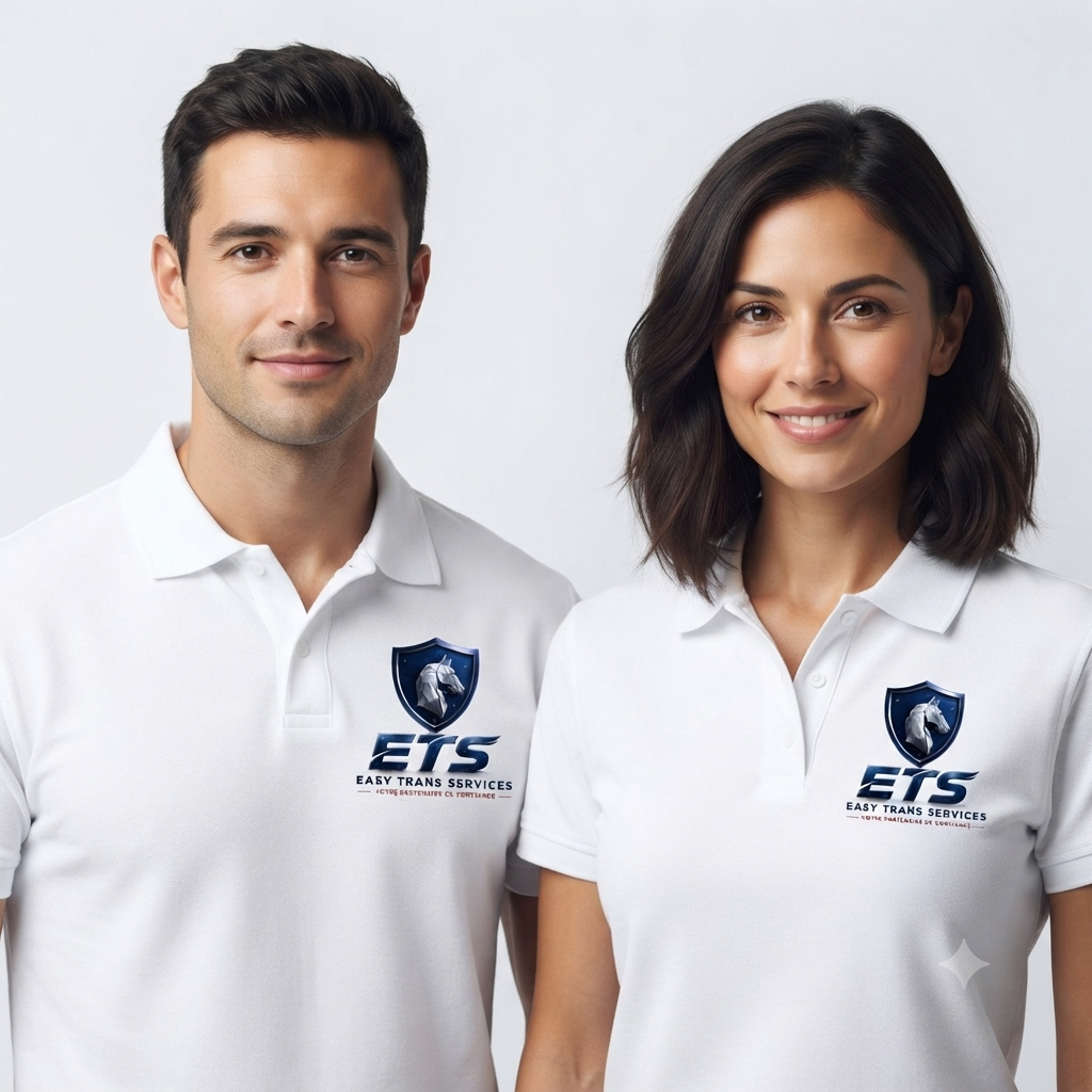 Équipe ETS portant des polos blancs aux couleurs de l’entreprise